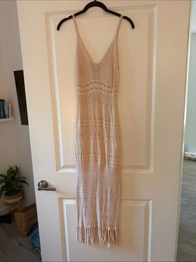 Lush Crochet V-Neck Fringe Maxi Dress in Cream